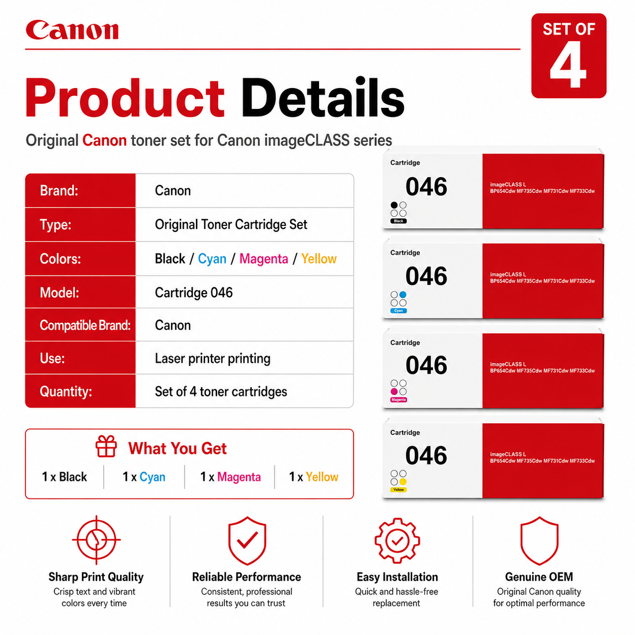 Canon Cartridge 046 Black Cyan Magenta Yellow Toner Set of 4 Genuine OEM
