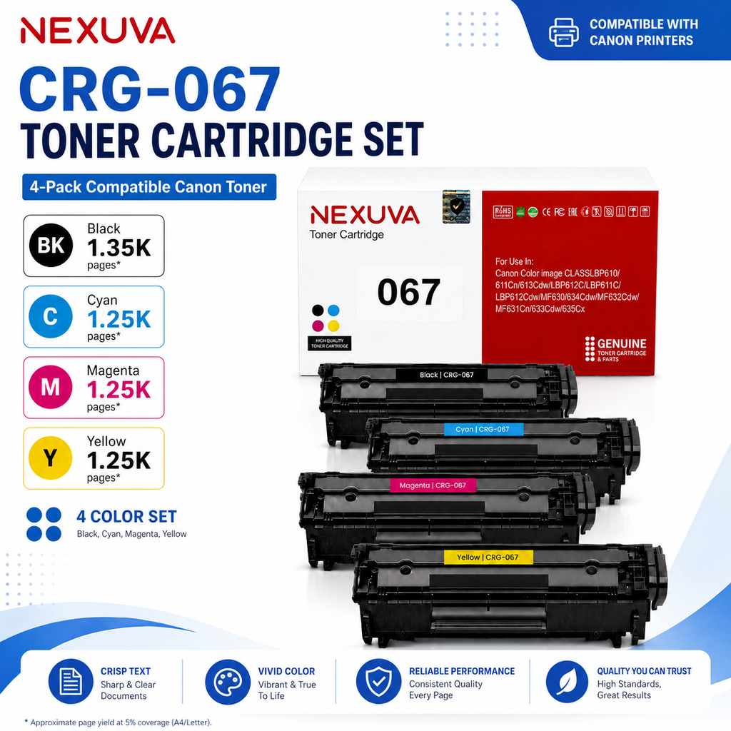 NEXUVA CRG-067 Toner Cartridge 4-Pack Set Compatible with Canon Color imageCLASS LBP610 / 611Cn / 613Cdw / LBP612C / LBP611C / LBP612Cdw / MF630 / 634Cdw / MF632Cdw / MF631Cn / 633Cdw / 635Cx
