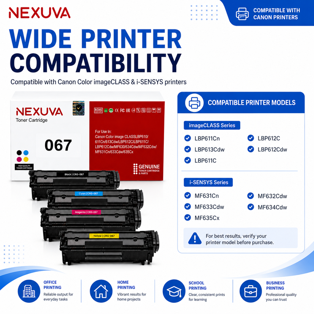 NEXUVA CRG-067 Toner Cartridge 4-Pack Set Compatible with Canon Color imageCLASS LBP610 / 611Cn / 613Cdw / LBP612C / LBP611C / LBP612Cdw / MF630 / 634Cdw / MF632Cdw / MF631Cn / 633Cdw / 635Cx