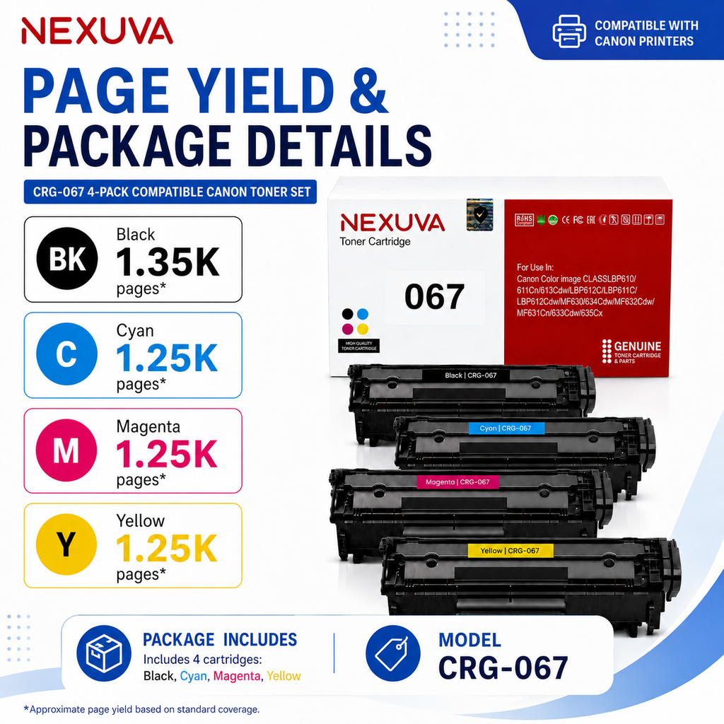 NEXUVA CRG-067 Toner Cartridge 4-Pack Set Compatible with Canon Color imageCLASS LBP610 / 611Cn / 613Cdw / LBP612C / LBP611C / LBP612Cdw / MF630 / 634Cdw / MF632Cdw / MF631Cn / 633Cdw / 635Cx