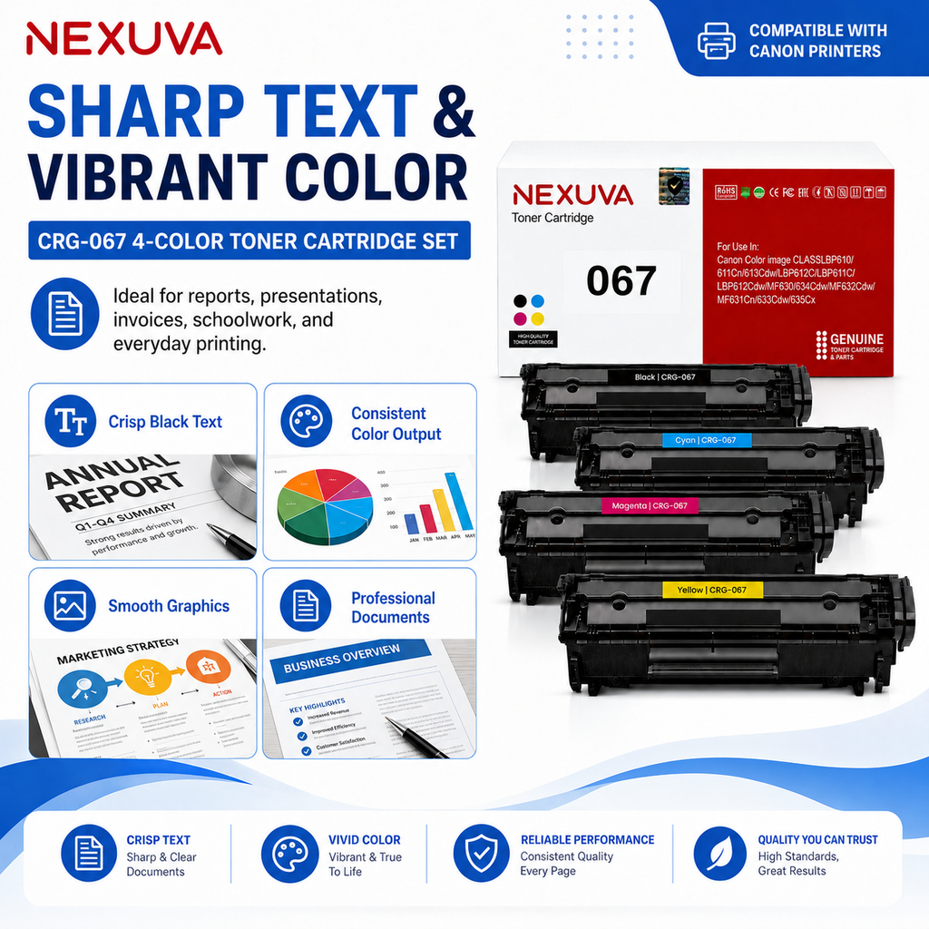 NEXUVA CRG-067 Toner Cartridge 4-Pack Set Compatible with Canon Color imageCLASS LBP610 / 611Cn / 613Cdw / LBP612C / LBP611C / LBP612Cdw / MF630 / 634Cdw / MF632Cdw / MF631Cn / 633Cdw / 635Cx