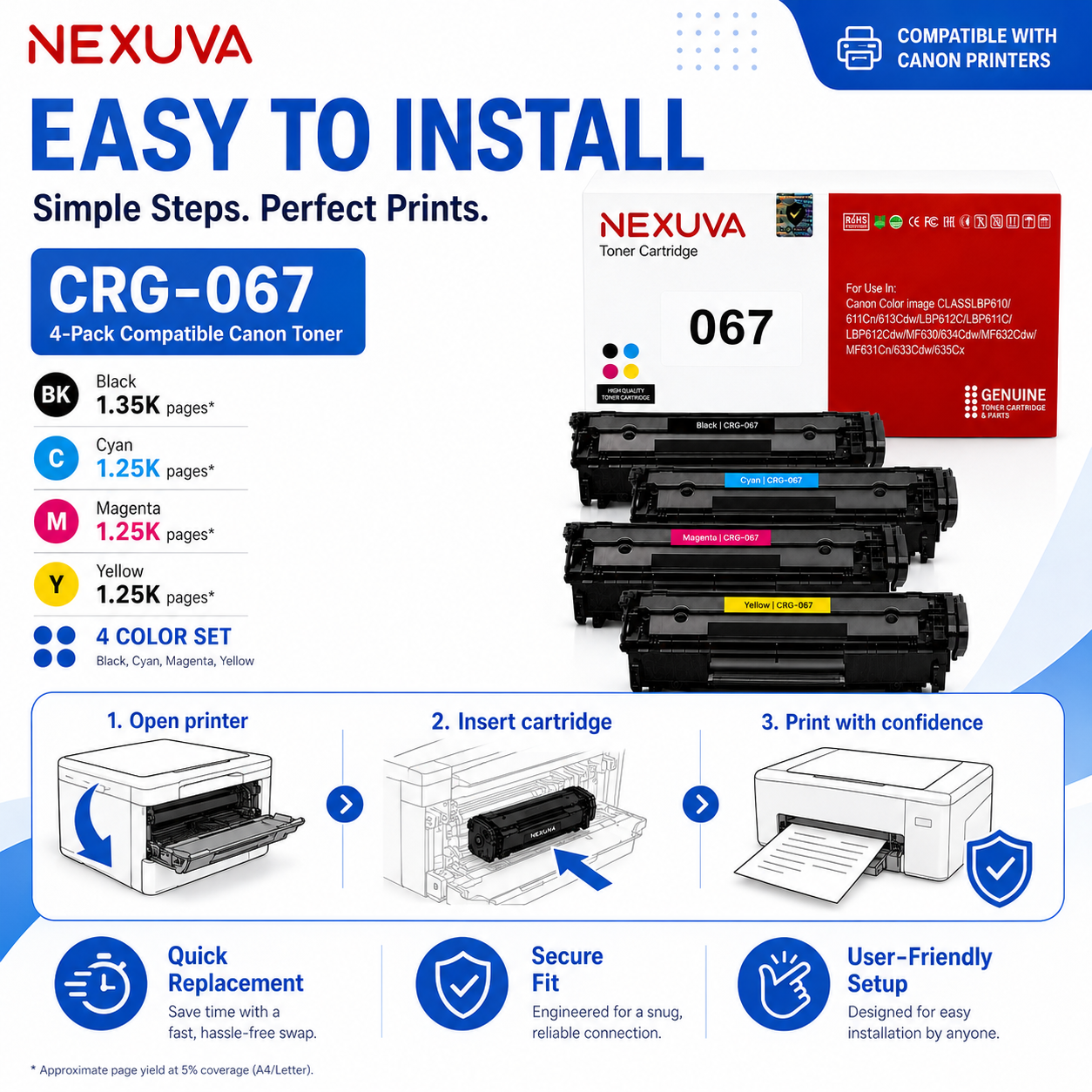 NEXUVA CRG-067 Toner Cartridge 4-Pack Set Compatible with Canon Color imageCLASS LBP610 / 611Cn / 613Cdw / LBP612C / LBP611C / LBP612Cdw / MF630 / 634Cdw / MF632Cdw / MF631Cn / 633Cdw / 635Cx