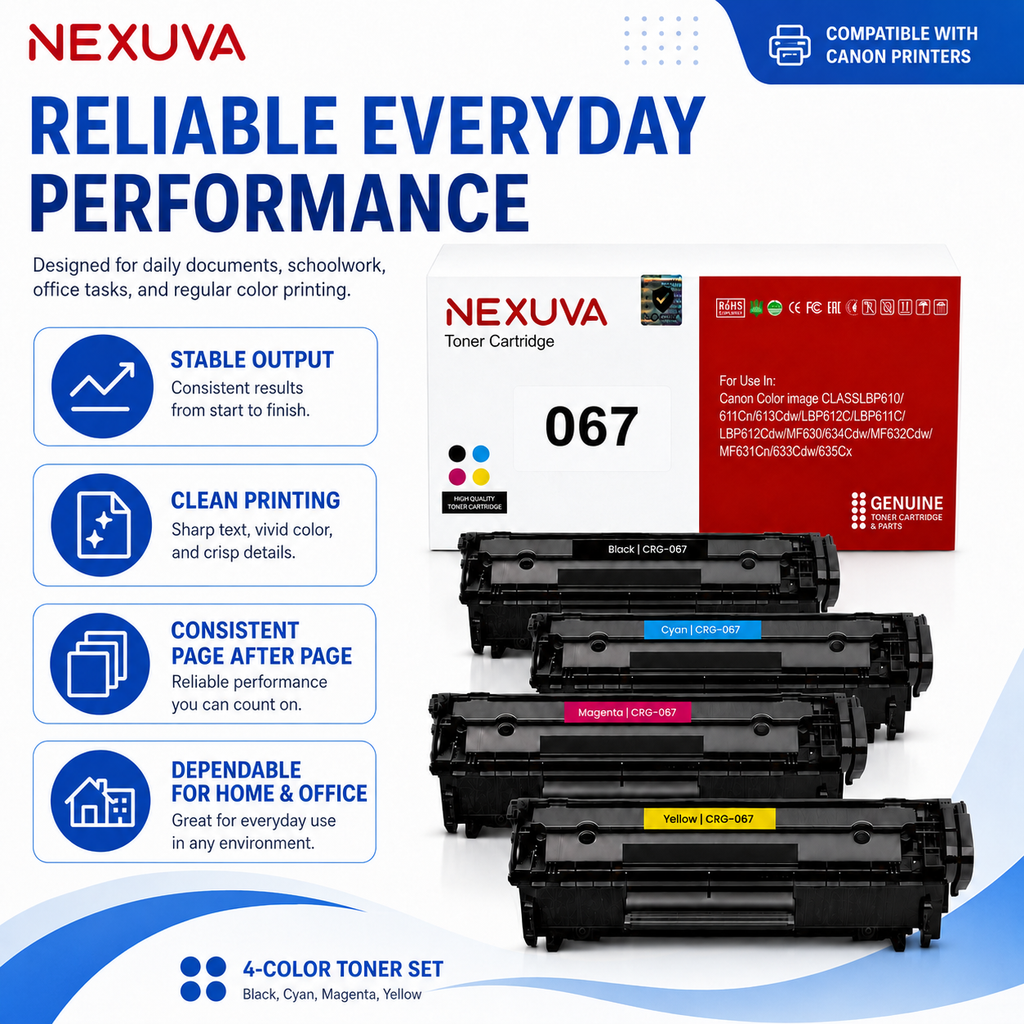 NEXUVA CRG-067 Toner Cartridge 4-Pack Set Compatible with Canon Color imageCLASS LBP610 / 611Cn / 613Cdw / LBP612C / LBP611C / LBP612Cdw / MF630 / 634Cdw / MF632Cdw / MF631Cn / 633Cdw / 635Cx