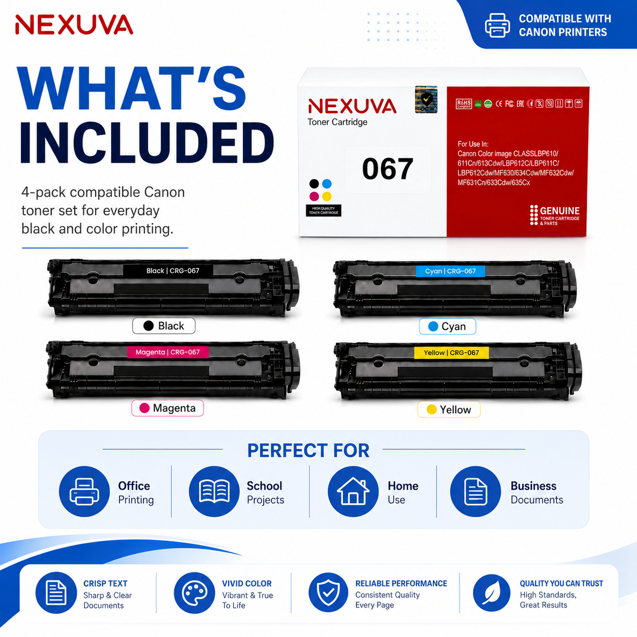 NEXUVA CRG-067 Toner Cartridge 4-Pack Set Compatible with Canon Color imageCLASS LBP610 / 611Cn / 613Cdw / LBP612C / LBP611C / LBP612Cdw / MF630 / 634Cdw / MF632Cdw / MF631Cn / 633Cdw / 635Cx