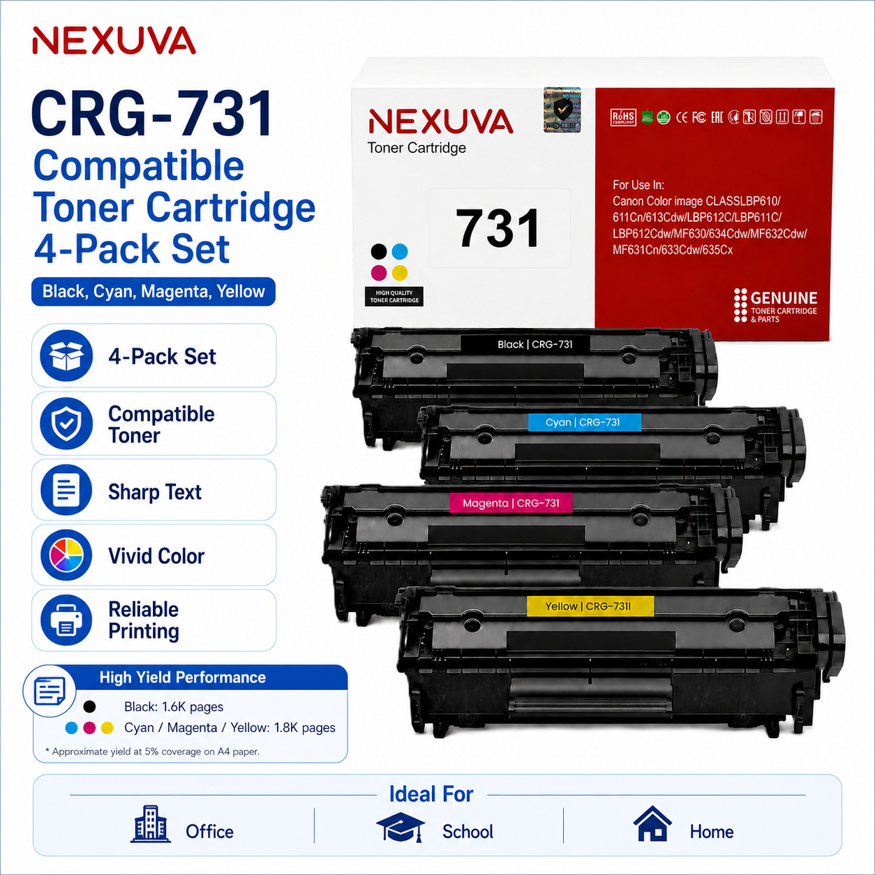 NEXUVA CRG-731 Compatible Toner Cartridge 4-Pack Set for Canon - Black, Cyan, Magenta, Yellow