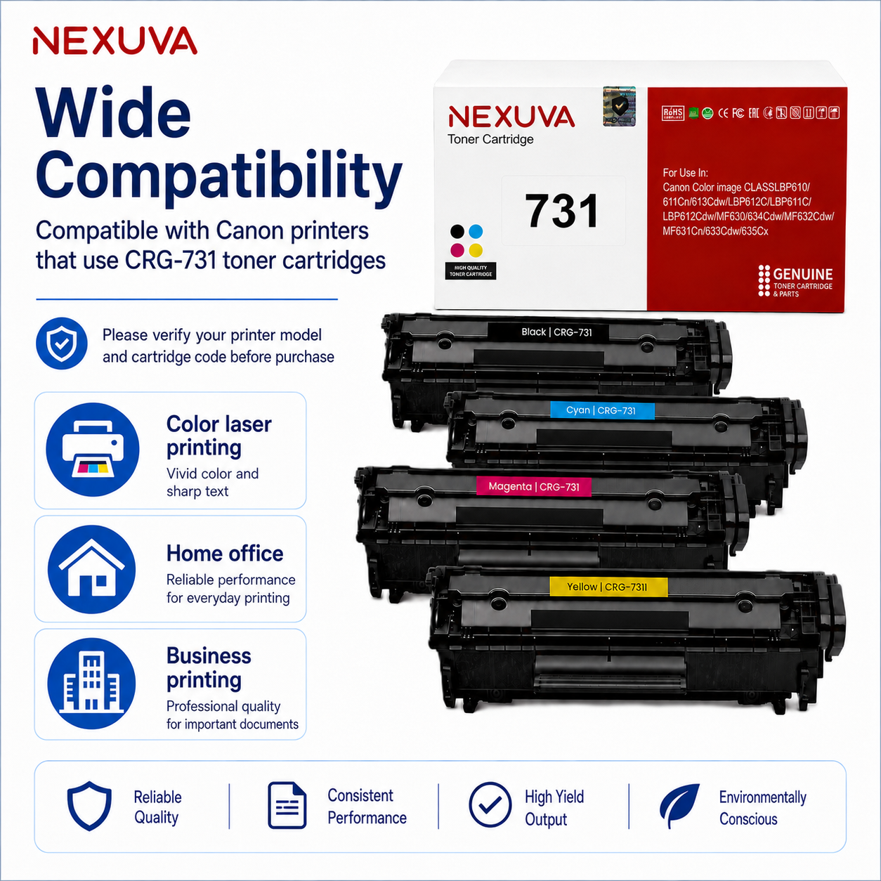 NEXUVA CRG-731 Compatible Toner Cartridge 4-Pack Set for Canon - Black, Cyan, Magenta, Yellow