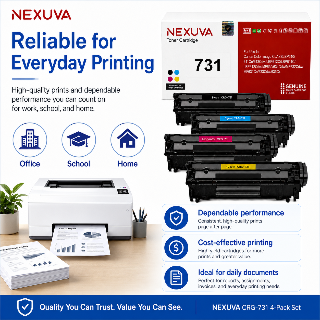 NEXUVA CRG-731 Compatible Toner Cartridge 4-Pack Set for Canon - Black, Cyan, Magenta, Yellow