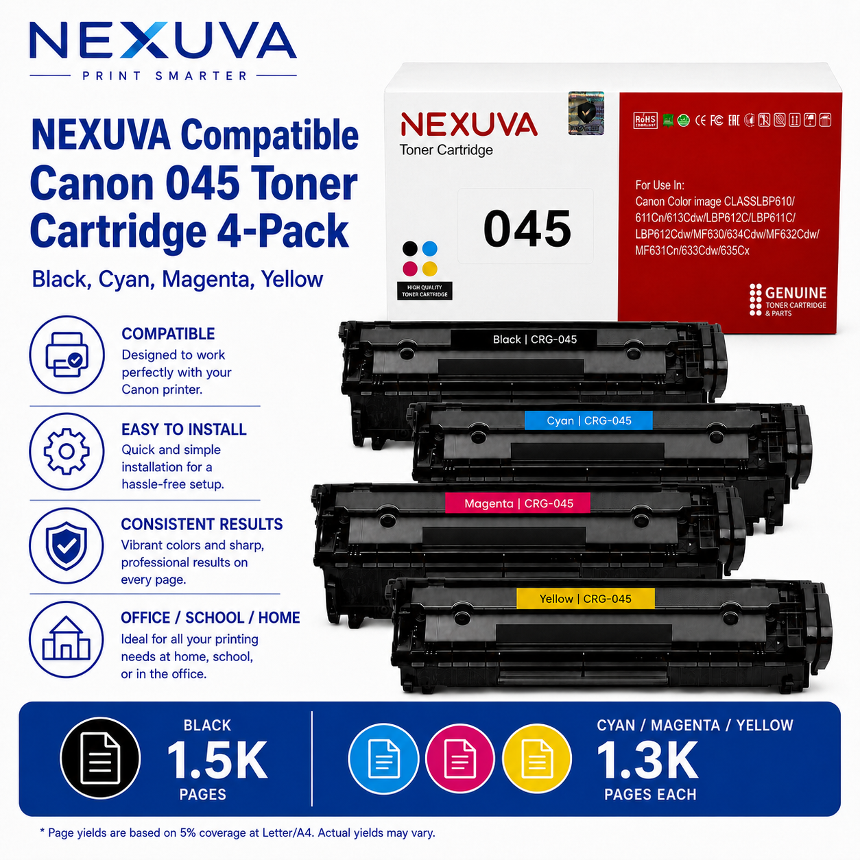 NEXUVA Compatible Canon 045 Toner Cartridge 4-Pack Set - Black, Cyan, Magenta, Yellow