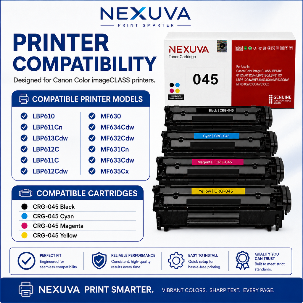NEXUVA Compatible Canon 045 Toner Cartridge 4-Pack Set - Black, Cyan, Magenta, Yellow