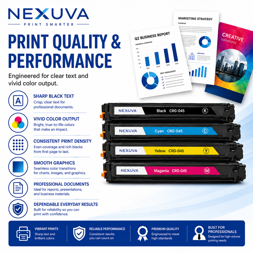 NEXUVA Compatible Canon 045 Toner Cartridge 4-Pack Set - Black, Cyan, Magenta, Yellow