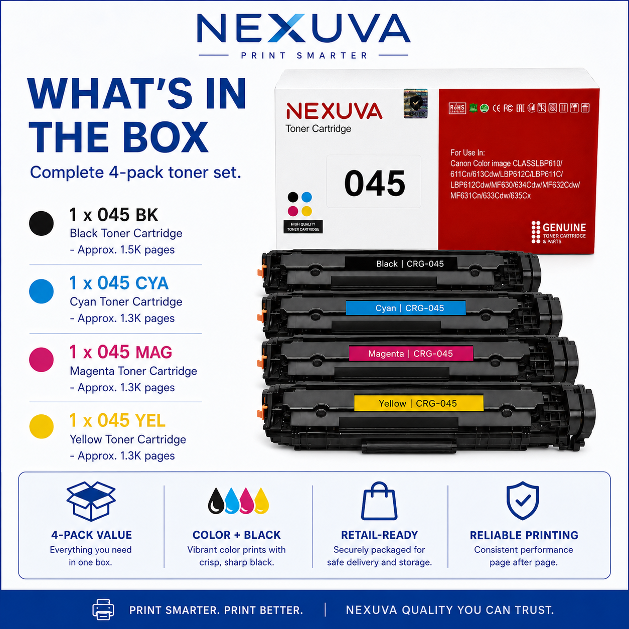 NEXUVA Compatible Canon 045 Toner Cartridge 4-Pack Set - Black, Cyan, Magenta, Yellow