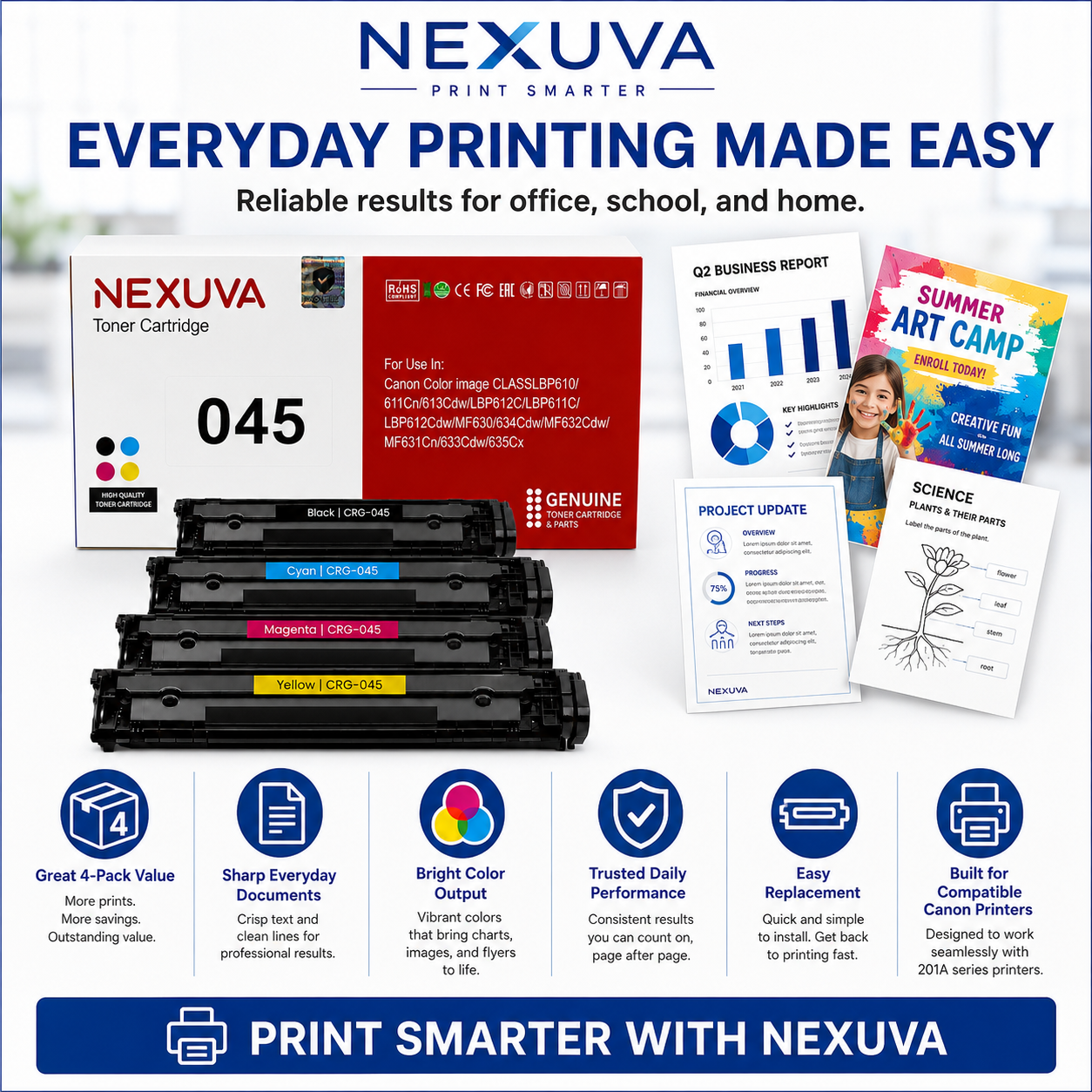 NEXUVA Compatible Canon 045 Toner Cartridge 4-Pack Set - Black, Cyan, Magenta, Yellow
