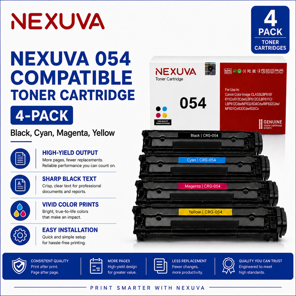 NEXUVA Compatible Canon 054 Toner Cartridge 4-Pack Set - Black, Cyan, Magenta, Yellow