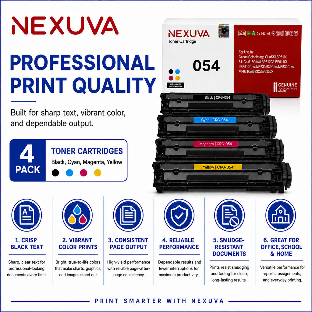 NEXUVA Compatible Canon 054 Toner Cartridge 4-Pack Set - Black, Cyan, Magenta, Yellow