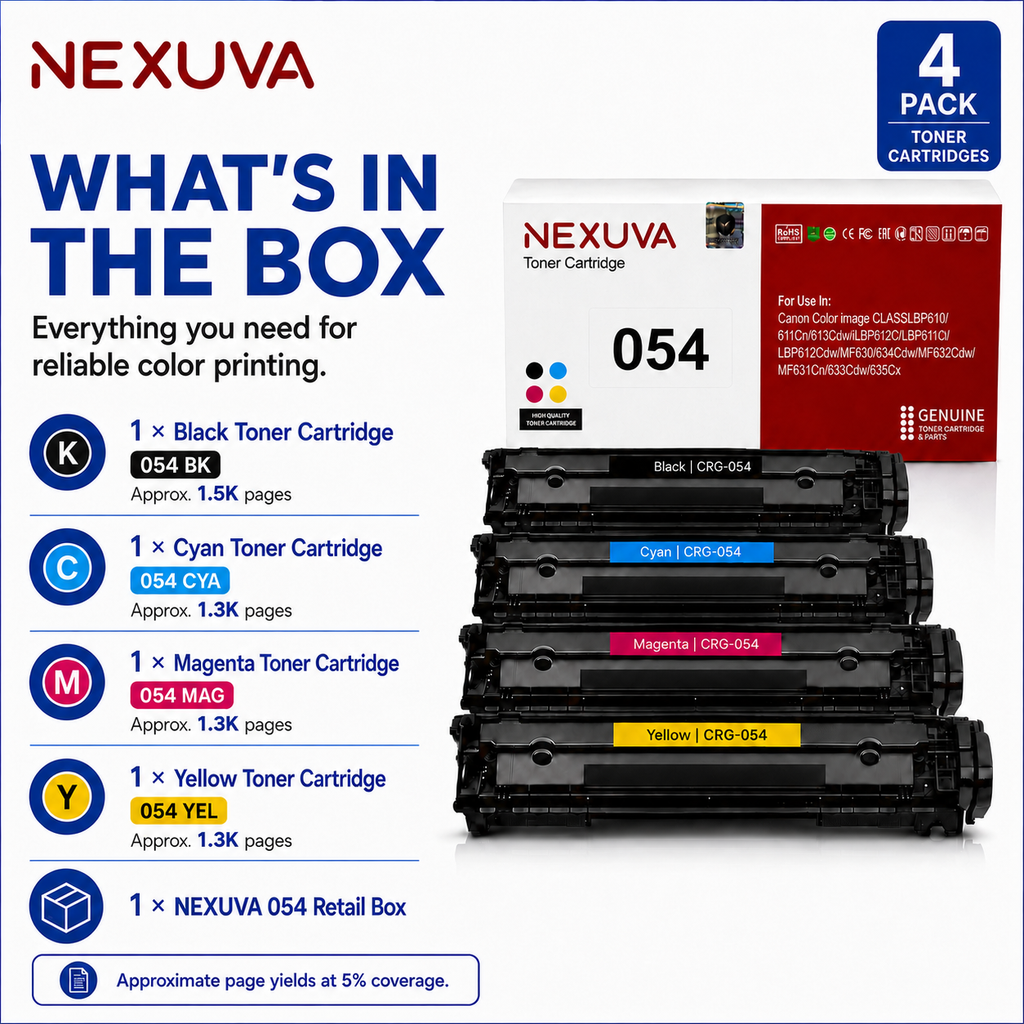 NEXUVA Compatible Canon 054 Toner Cartridge 4-Pack Set - Black, Cyan, Magenta, Yellow
