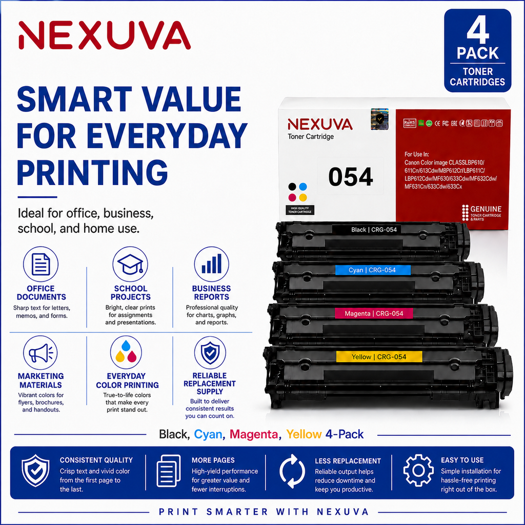 NEXUVA Compatible Canon 054 Toner Cartridge 4-Pack Set - Black, Cyan, Magenta, Yellow