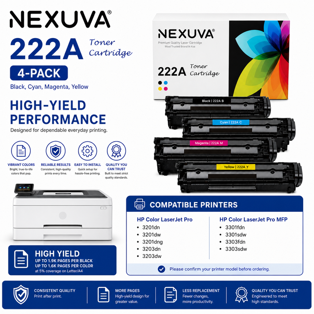 NEXUVA Compatible HP 222A Toner Cartridge 4-Pack Set - Black, Cyan, Magenta, Yellow