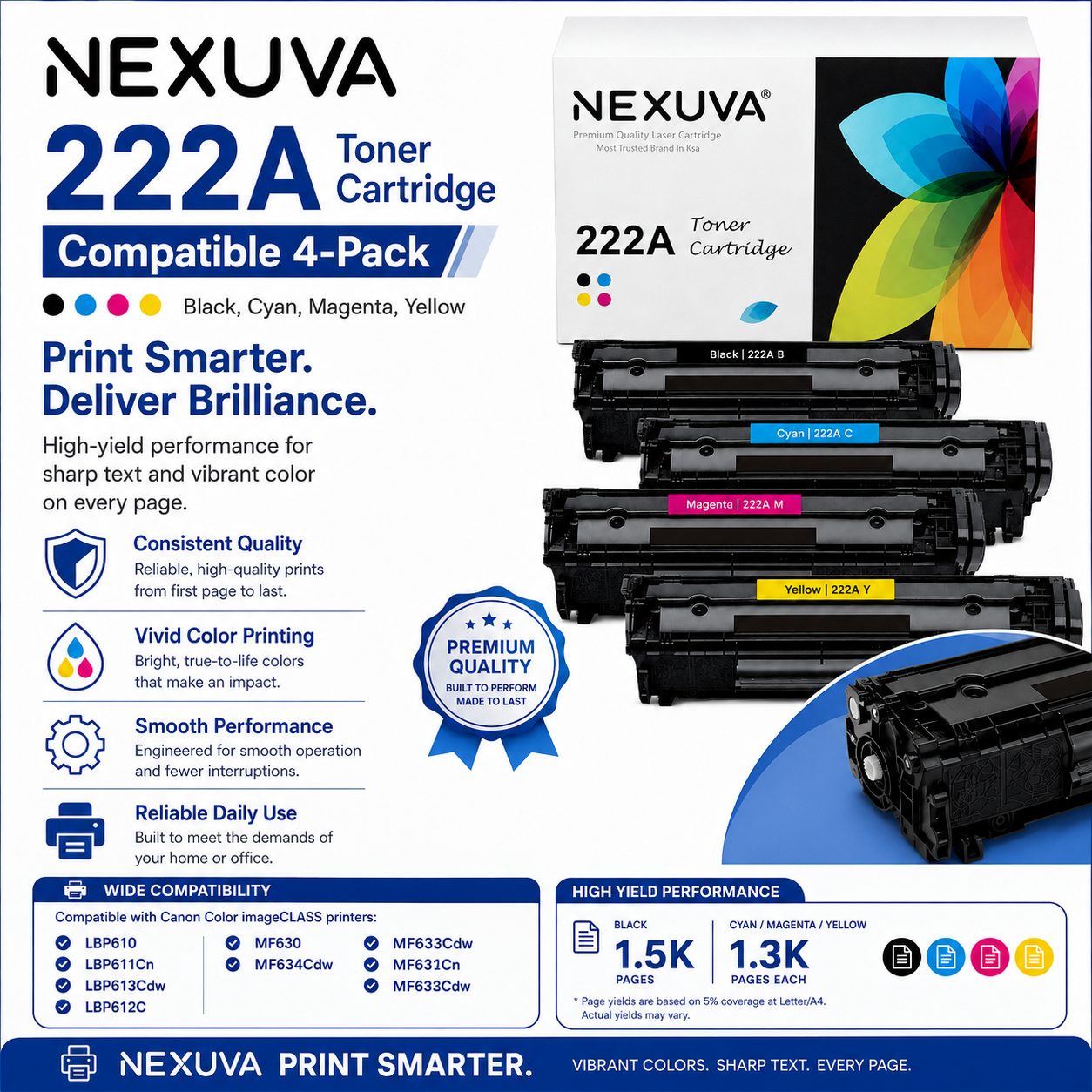 NEXUVA Compatible HP 222A Toner Cartridge 4-Pack Set - Black, Cyan, Magenta, Yellow