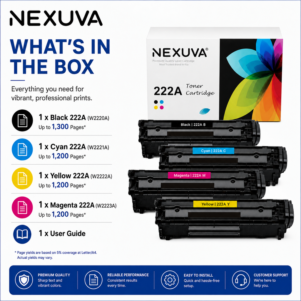 NEXUVA Compatible HP 222A Toner Cartridge 4-Pack Set - Black, Cyan, Magenta, Yellow