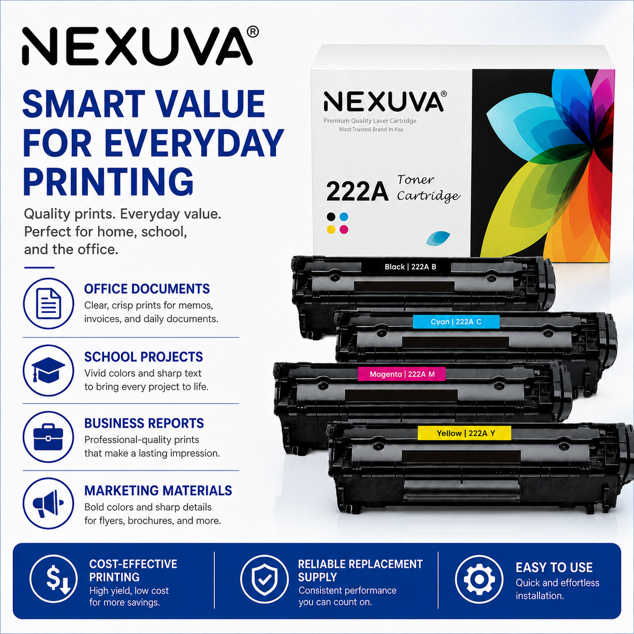 NEXUVA Compatible HP 222A Toner Cartridge 4-Pack Set - Black, Cyan, Magenta, Yellow