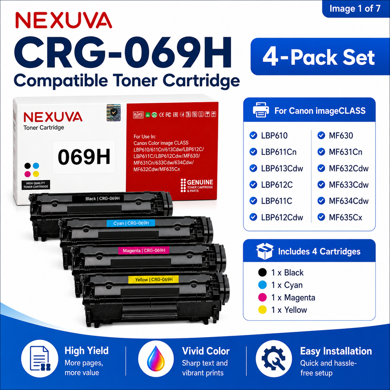 NEXUVA CRG-069H Compatible Toner Cartridge 4-Pack Set for Canon - Black, Cyan, Magenta, Yellow
