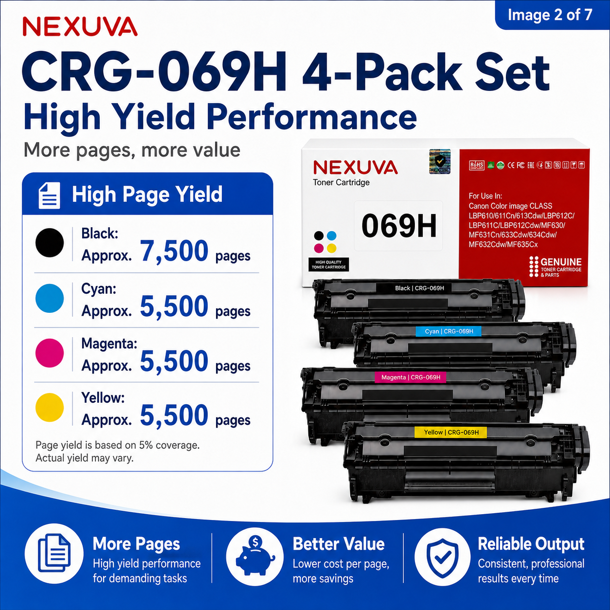 NEXUVA CRG-069H Compatible Toner Cartridge 4-Pack Set for Canon - Black, Cyan, Magenta, Yellow