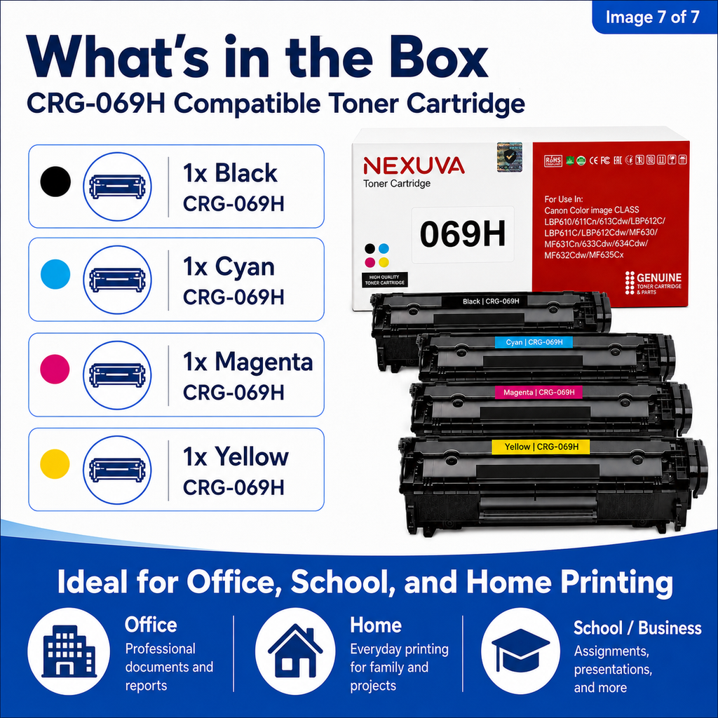 NEXUVA CRG-069H Compatible Toner Cartridge 4-Pack Set for Canon - Black, Cyan, Magenta, Yellow