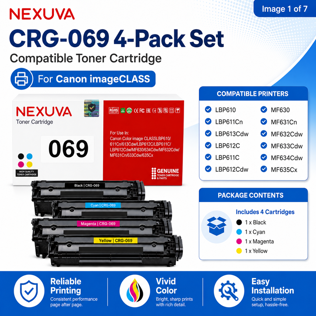 NEXUVA CRG-069 Compatible Toner Cartridge 4-Pack Set for Canon - Black, Cyan, Magenta, Yellow