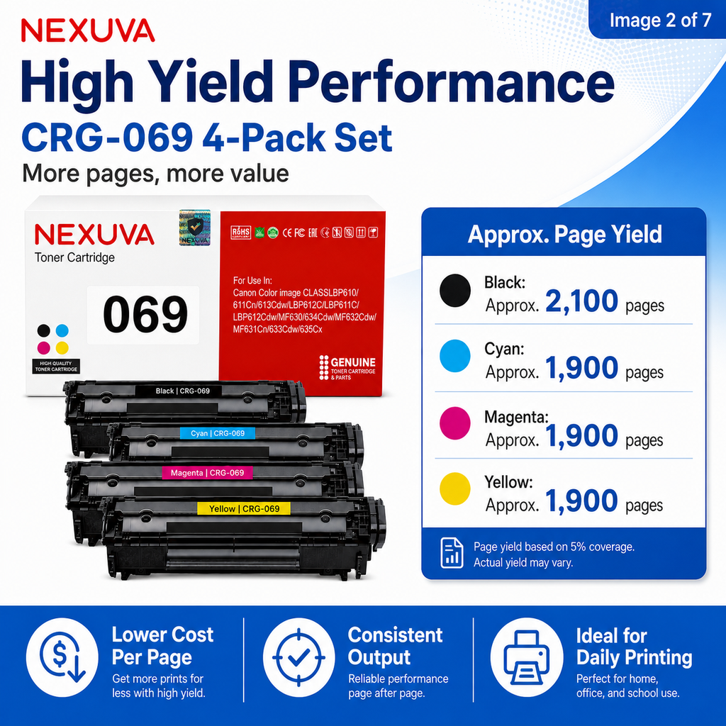 NEXUVA CRG-069 Compatible Toner Cartridge 4-Pack Set for Canon - Black, Cyan, Magenta, Yellow