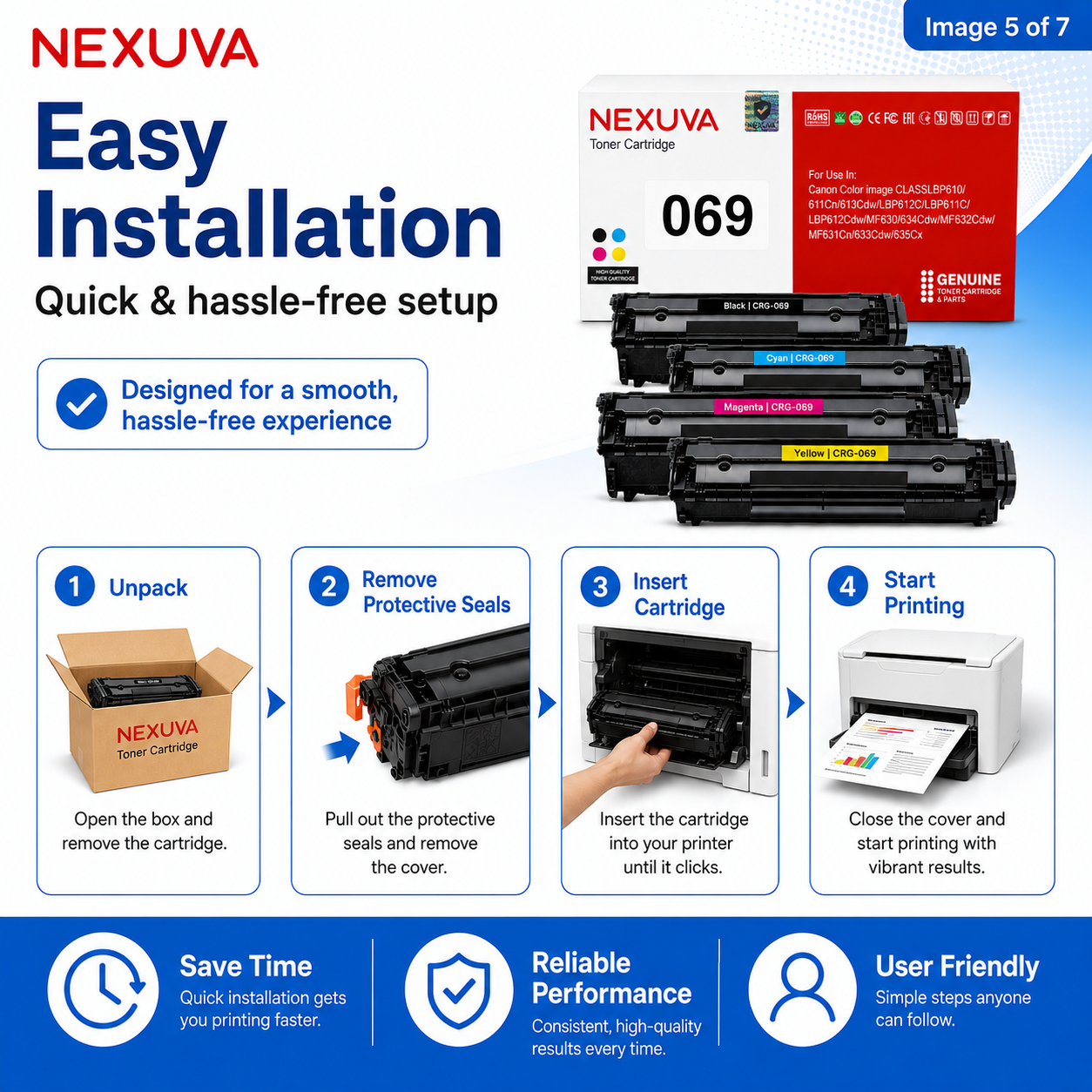 NEXUVA CRG-069 Compatible Toner Cartridge 4-Pack Set for Canon - Black, Cyan, Magenta, Yellow