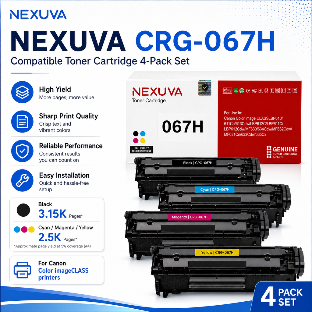 NEXUVA CRG-067H Compatible Toner Cartridge 4-Pack Set for Canon - Black, Cyan, Magenta, Yellow