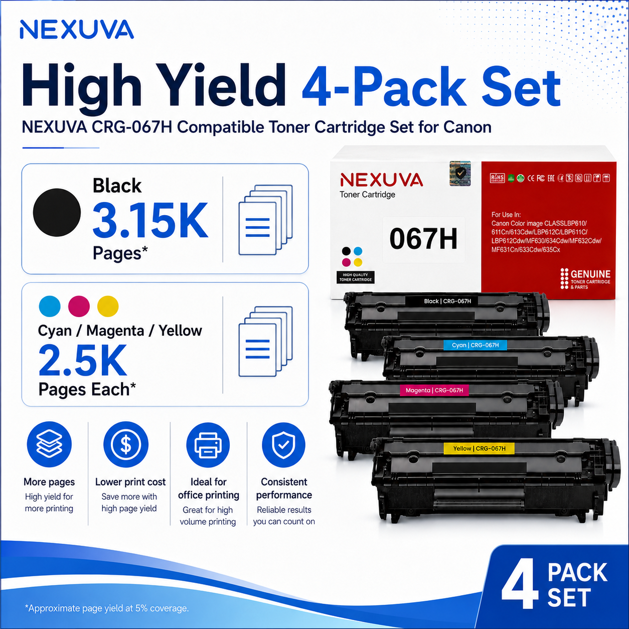 NEXUVA CRG-067H Compatible Toner Cartridge 4-Pack Set for Canon - Black, Cyan, Magenta, Yellow