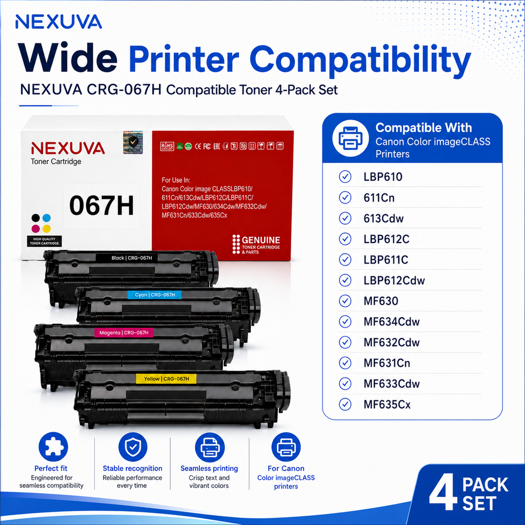 NEXUVA CRG-067H Compatible Toner Cartridge 4-Pack Set for Canon - Black, Cyan, Magenta, Yellow