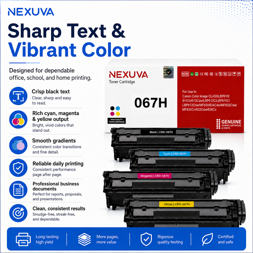 NEXUVA CRG-067H Compatible Toner Cartridge 4-Pack Set for Canon - Black, Cyan, Magenta, Yellow