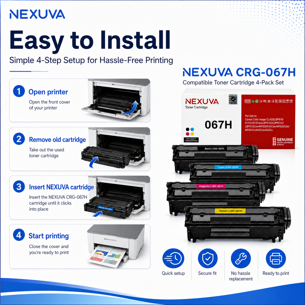 NEXUVA CRG-067H Compatible Toner Cartridge 4-Pack Set for Canon - Black, Cyan, Magenta, Yellow