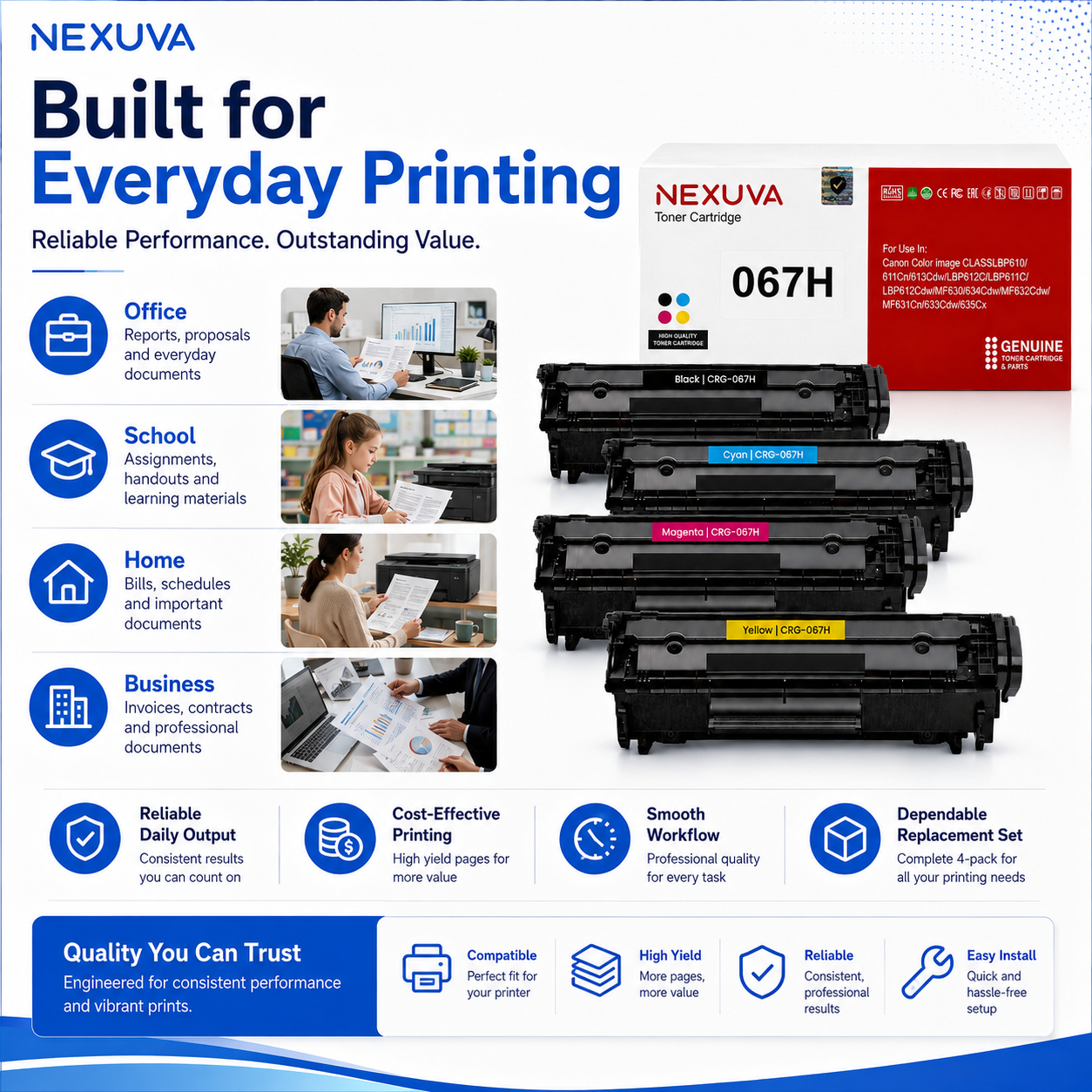 NEXUVA CRG-067H Compatible Toner Cartridge 4-Pack Set for Canon - Black, Cyan, Magenta, Yellow