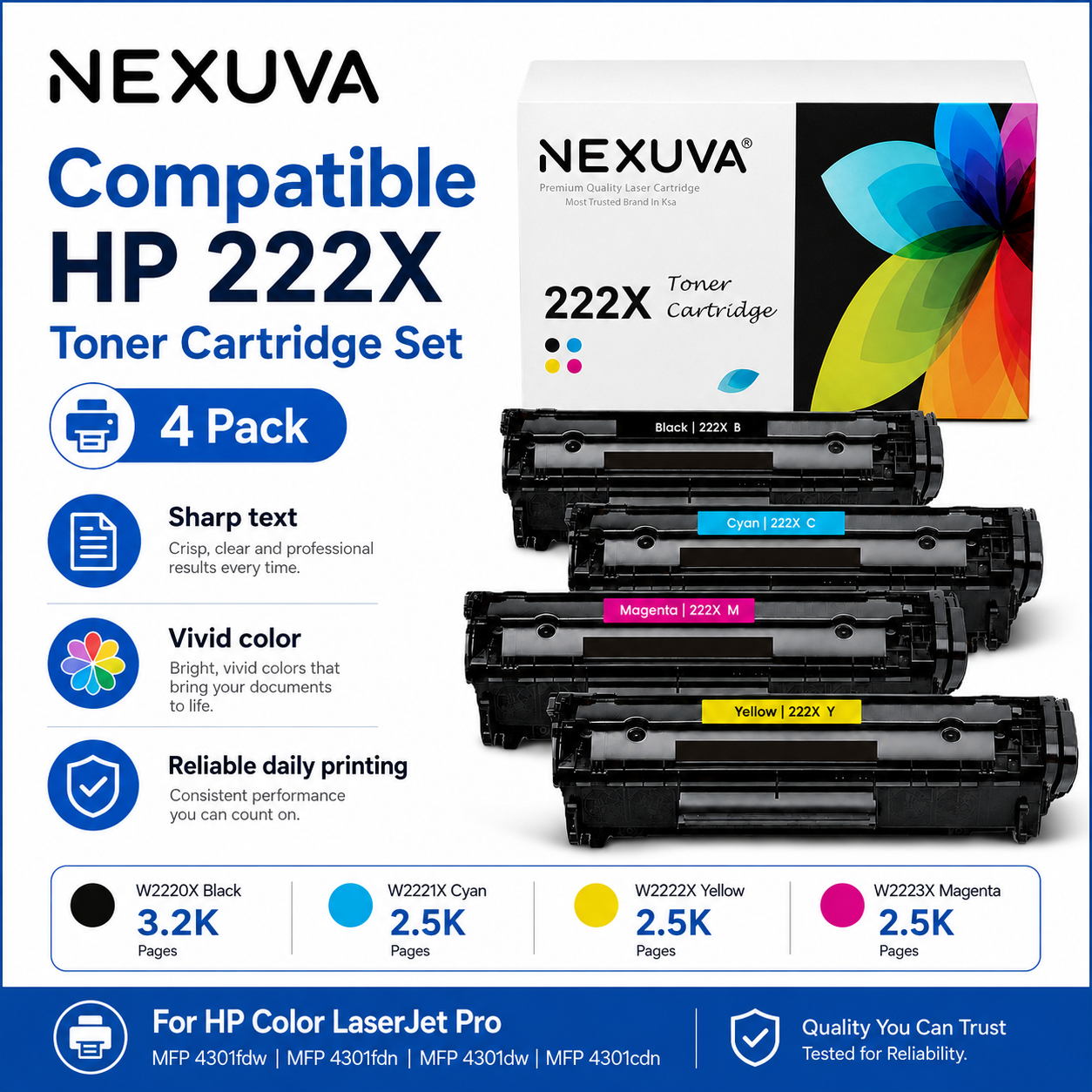 NEXUVA Compatible HP 222X Toner Cartridge 4-Pack Set - Black, Cyan, Magenta, Yellow