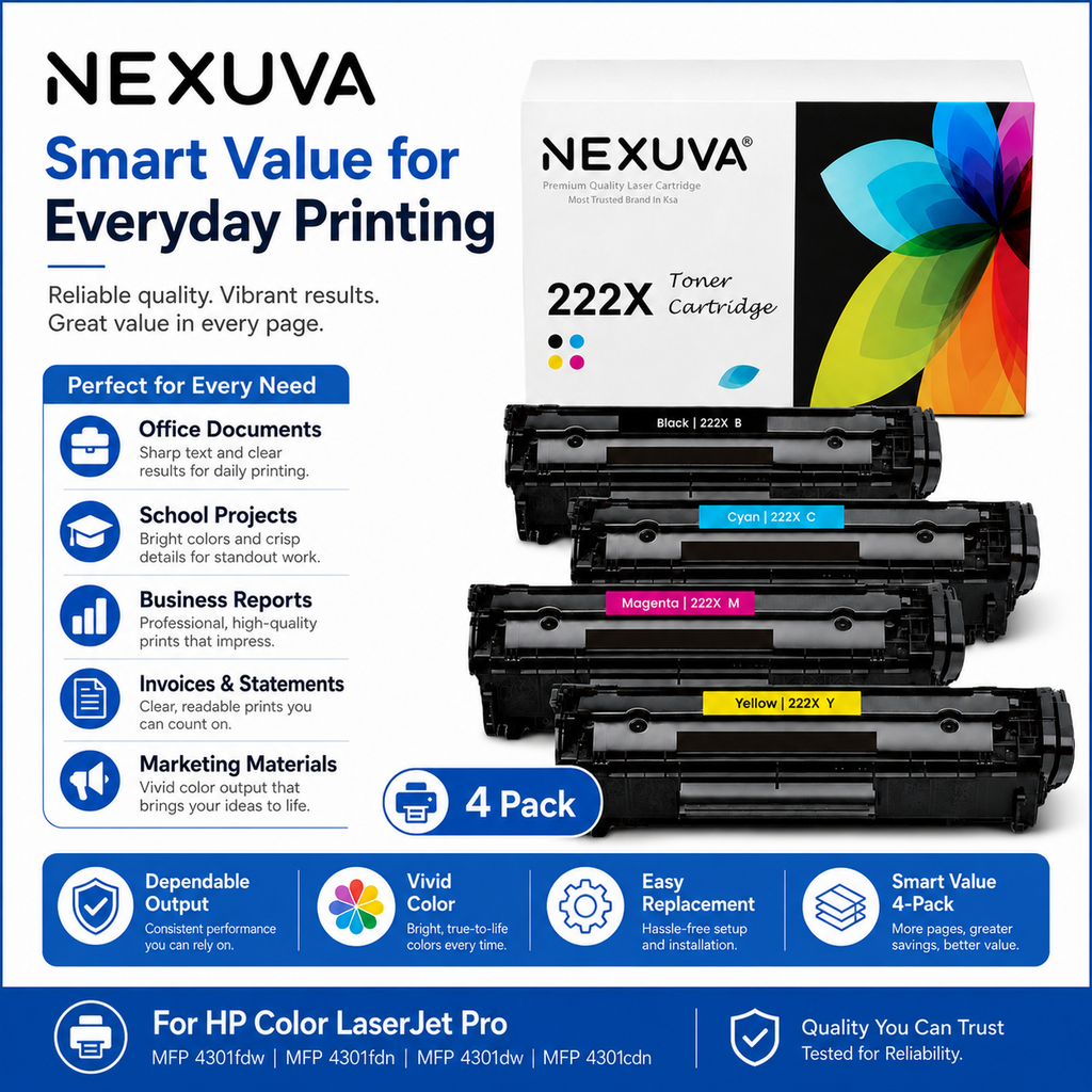 NEXUVA Compatible HP 222X Toner Cartridge 4-Pack Set - Black, Cyan, Magenta, Yellow