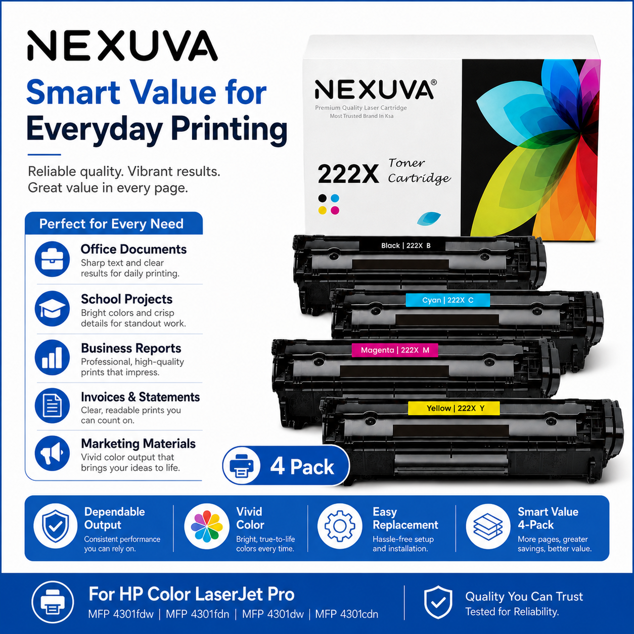 NEXUVA Compatible HP 222X Toner Cartridge 4-Pack Set - Black, Cyan, Magenta, Yellow