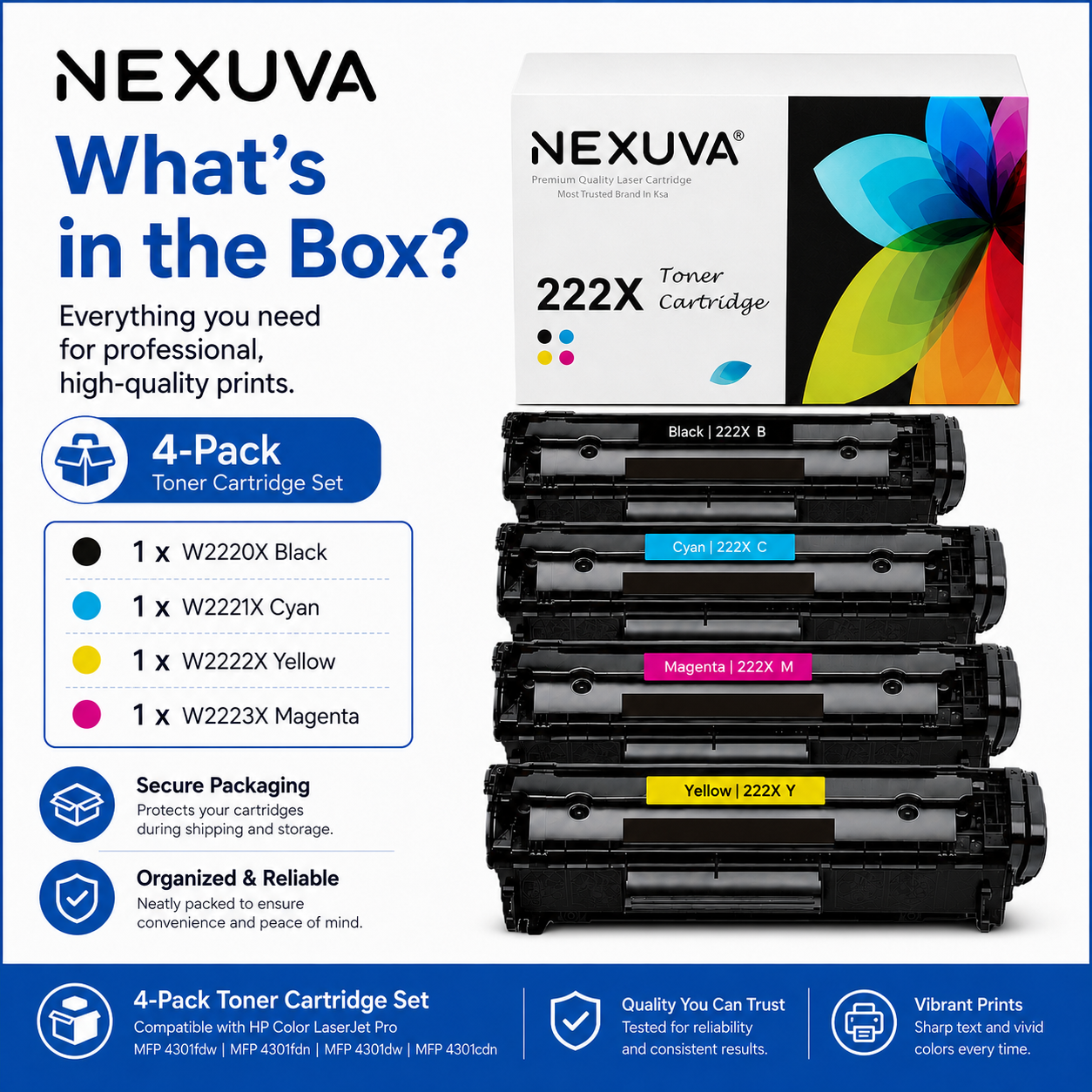 NEXUVA Compatible HP 222X Toner Cartridge 4-Pack Set - Black, Cyan, Magenta, Yellow