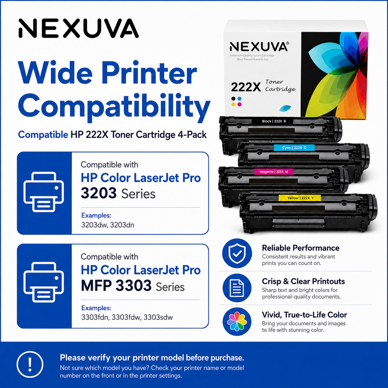 NEXUVA Compatible HP 222X Toner Cartridge 4-Pack Set - Black, Cyan, Magenta, Yellow