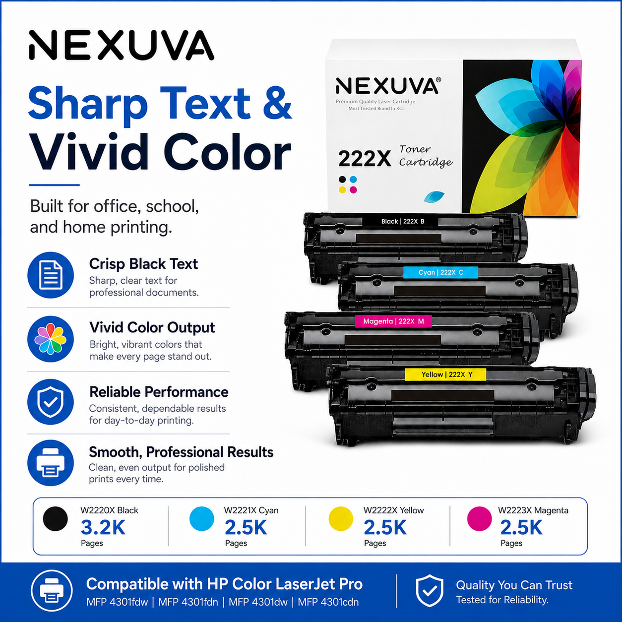 NEXUVA Compatible HP 222X Toner Cartridge 4-Pack Set - Black, Cyan, Magenta, Yellow