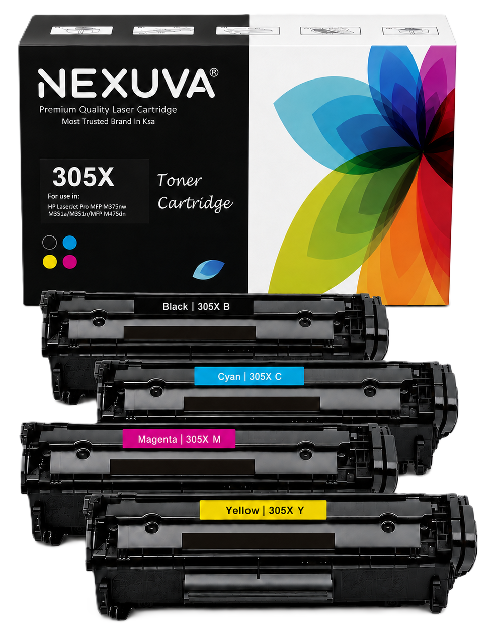 NEXUVA Compatible HP 305X / 305A Toner Cartridge 4-Pack Set - Black, Cyan, Magenta, Yellow
