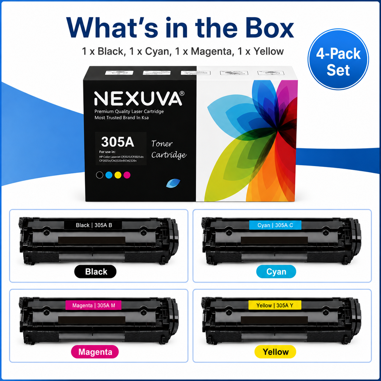 NEXUVA Compatible HP 305A / 304A Toner Cartridge 4-Pack Set - Black, Cyan, Magenta, Yellow