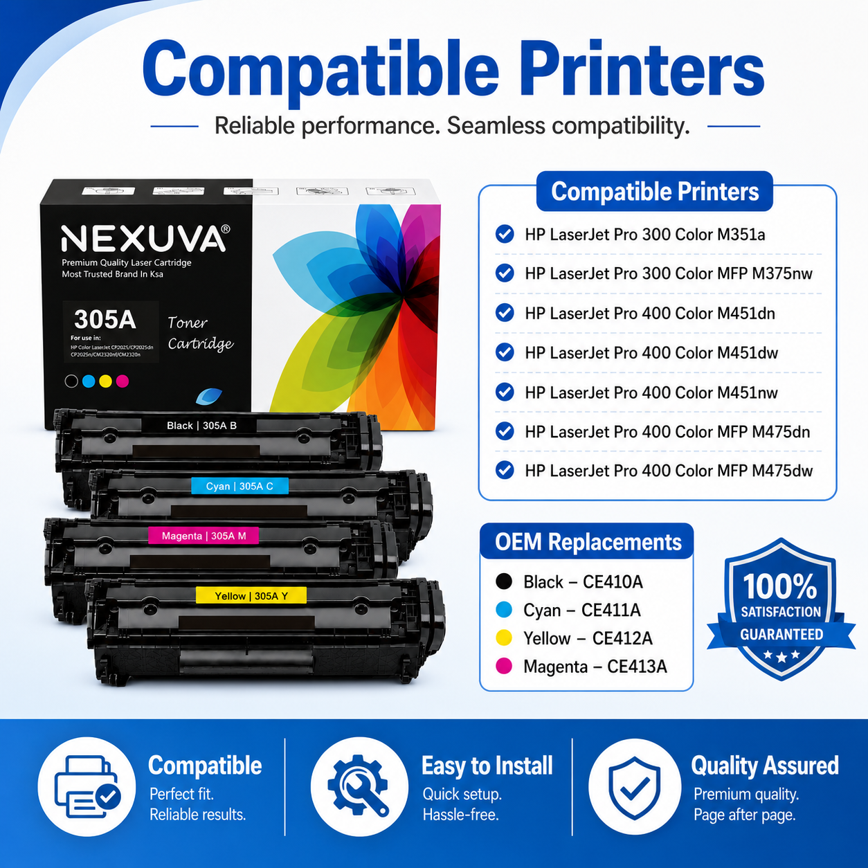 NEXUVA Compatible HP 305A / 304A Toner Cartridge 4-Pack Set - Black, Cyan, Magenta, Yellow