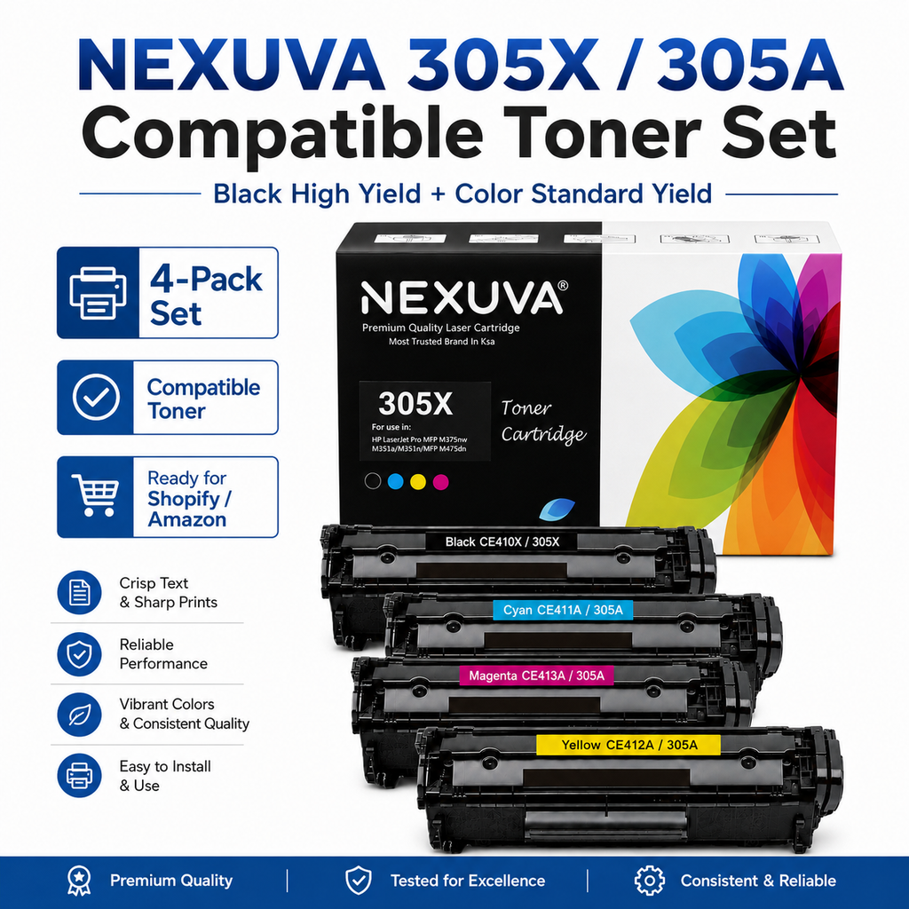 NEXUVA Compatible HP 305X / 305A Toner Cartridge 4-Pack Set - Black, Cyan, Magenta, Yellow