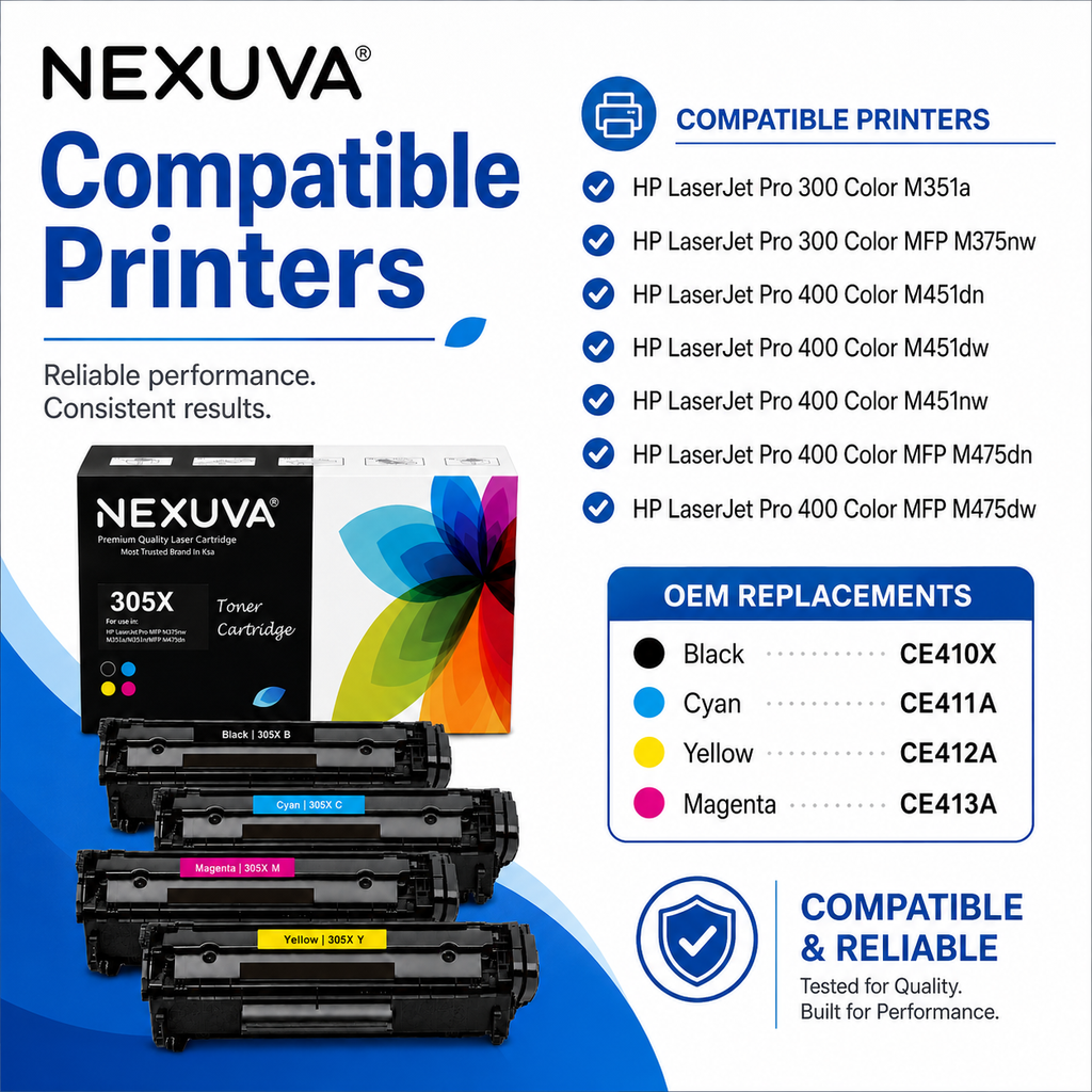 NEXUVA Compatible HP 305X / 305A Toner Cartridge 4-Pack Set - Black, Cyan, Magenta, Yellow