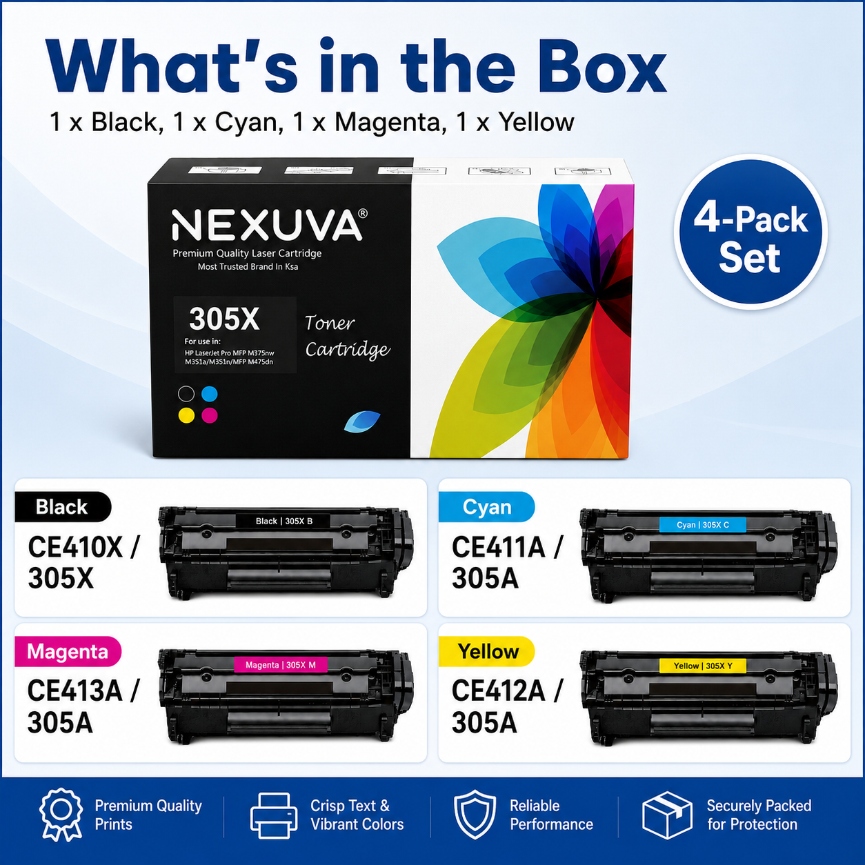 NEXUVA Compatible HP 305X / 305A Toner Cartridge 4-Pack Set - Black, Cyan, Magenta, Yellow