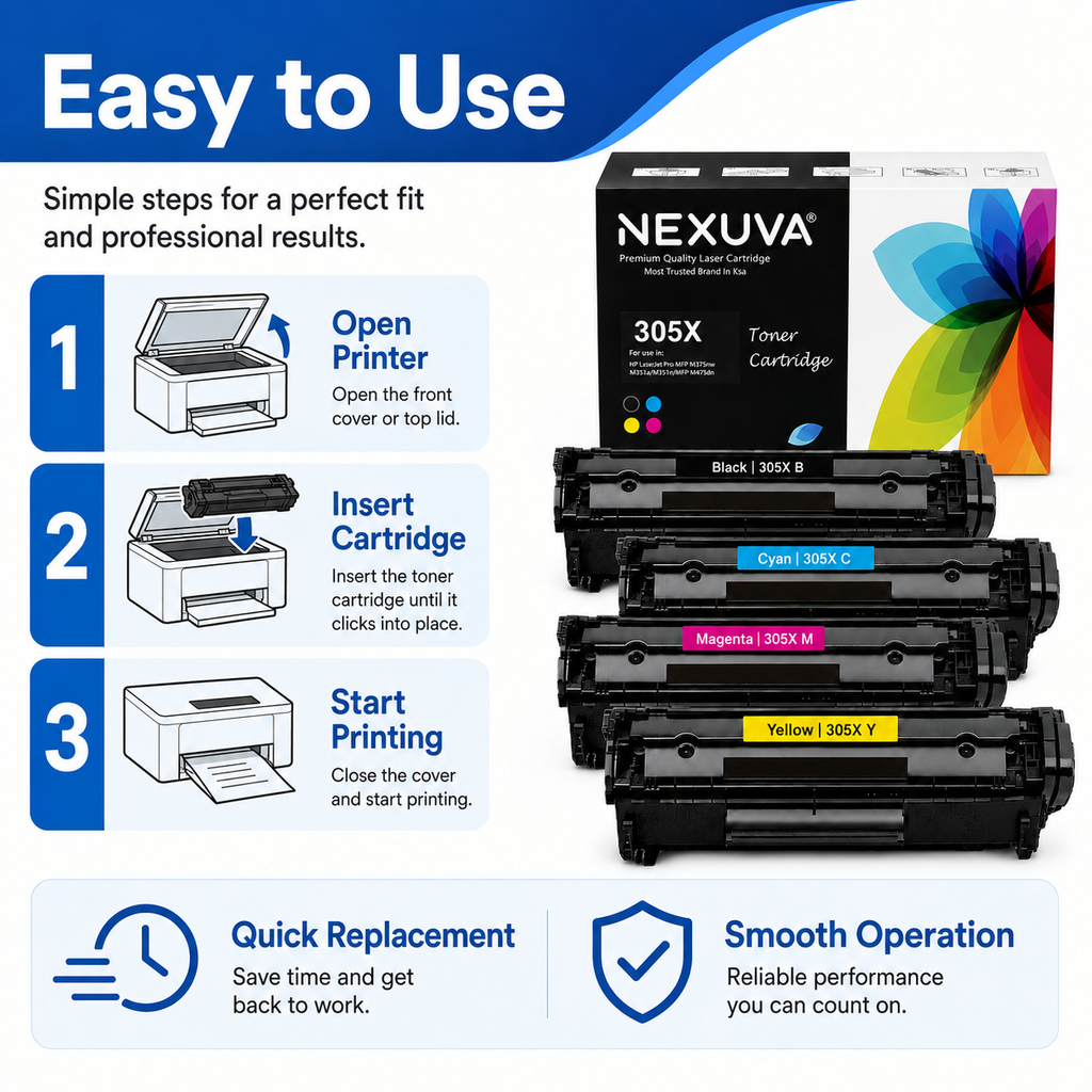 NEXUVA Compatible HP 305X / 305A Toner Cartridge 4-Pack Set - Black, Cyan, Magenta, Yellow