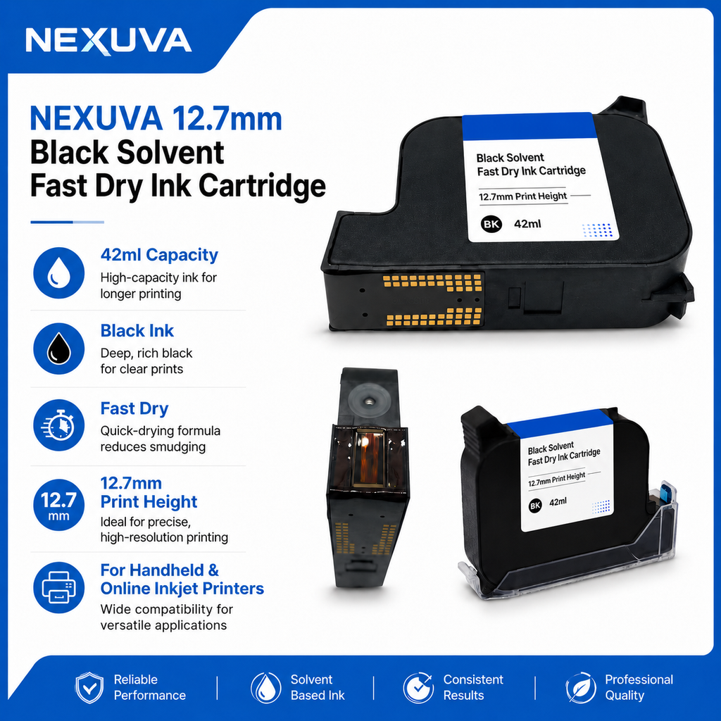 NEXUVA JS12M-BK 42ml Black Fast-Dry Solvent Ink Cartridge for 2588+ JS12 Handheld Inkjet Printers